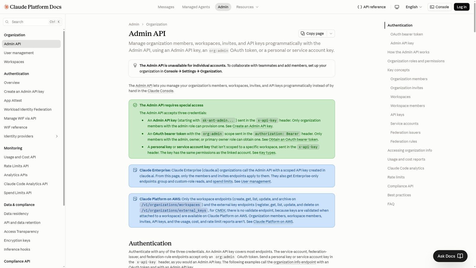 Anthropic Admin API documentation