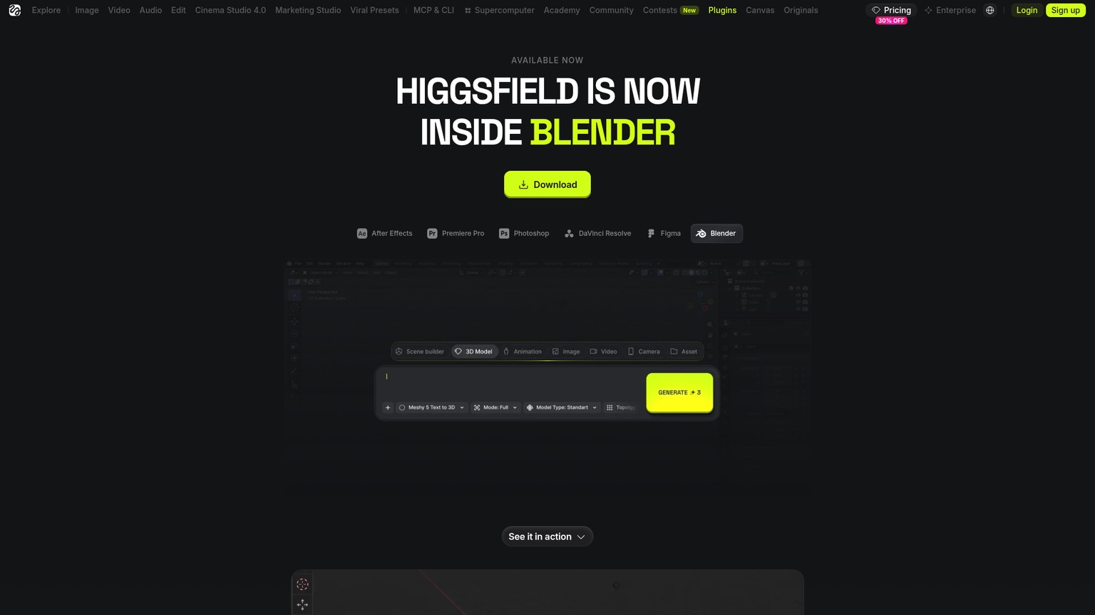 Higgsfield for Blender add-on shown inside the Blender viewport