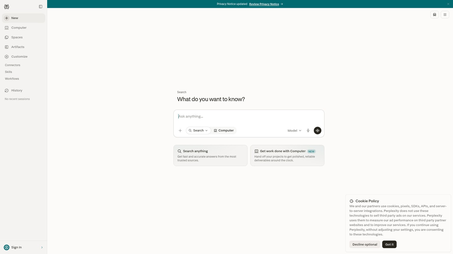 Perplexity web research interface