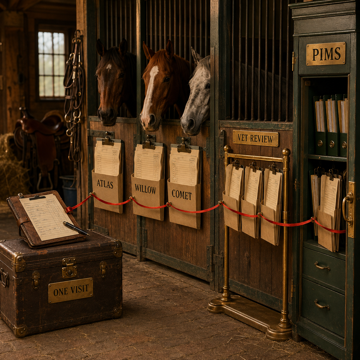 Una grabación del establo separada en tres expedientes de caballos identificados antes de la revisión veterinaria y la exportación al PIMS