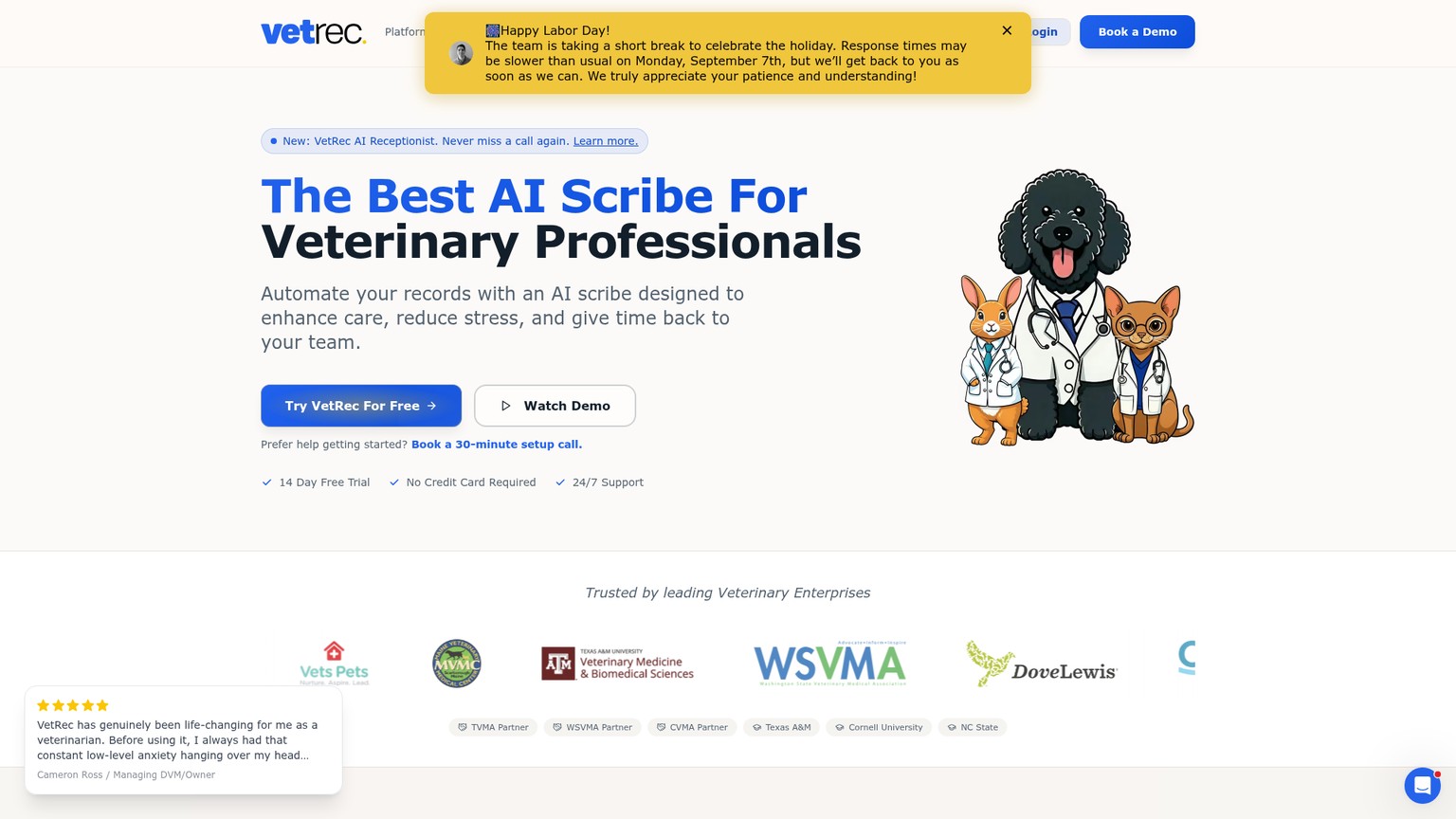 Página principal y flujo de notas del escriba veterinario con IA VetRec