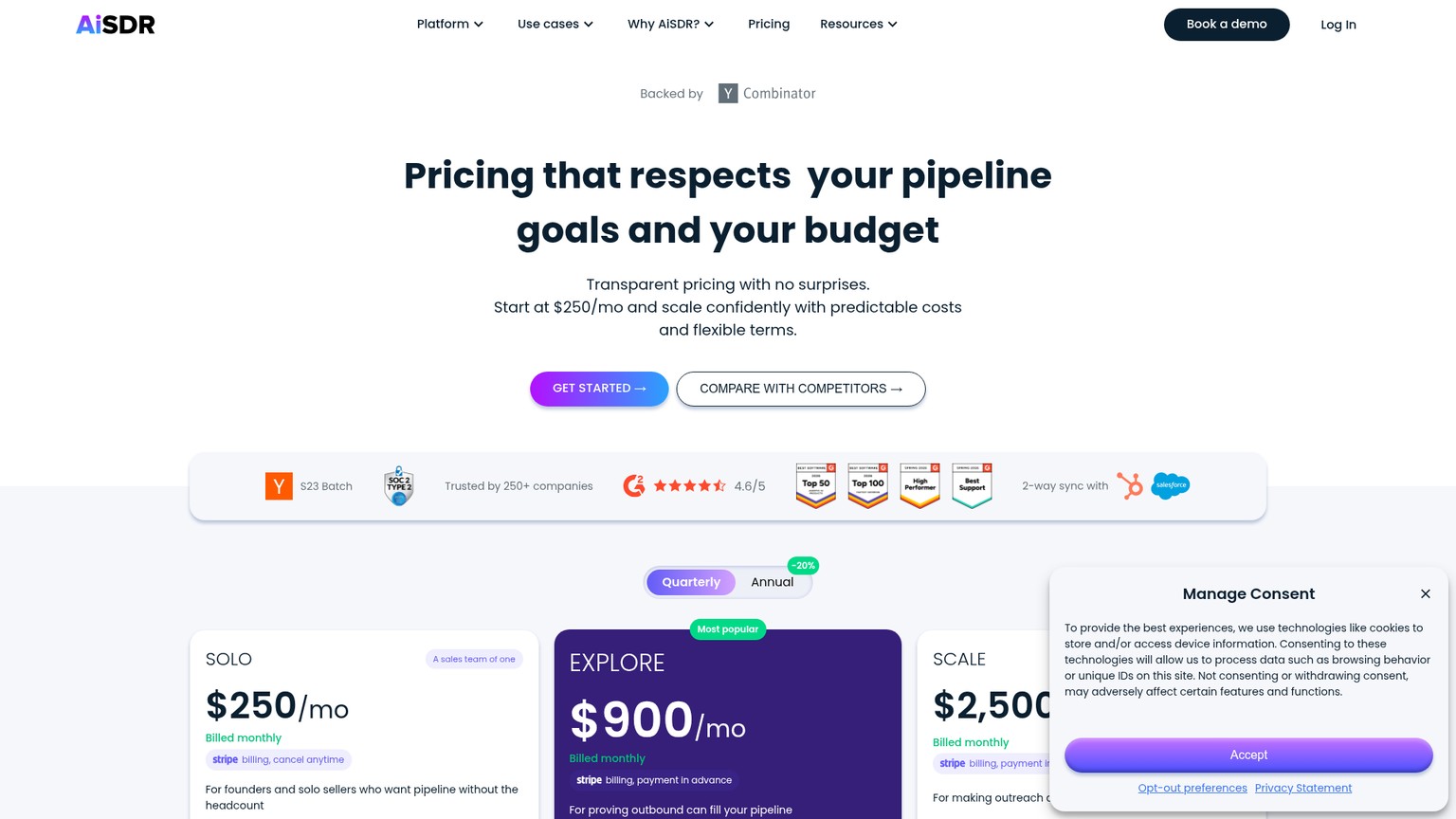 Página actual de precios de AiSDR con los planes Solo, Explore y Scale