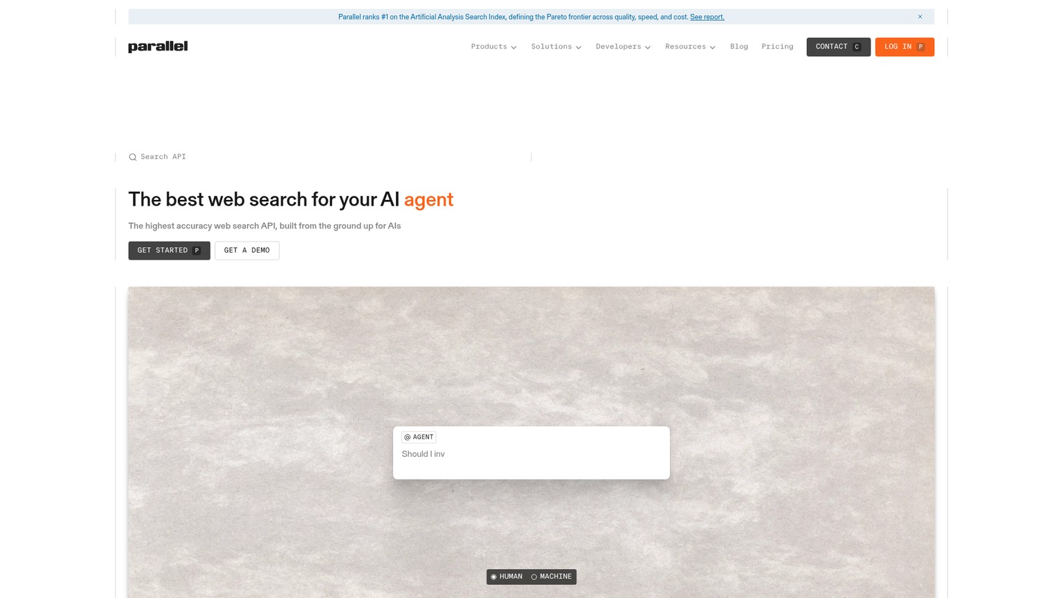 Page produit de Parallel Search API présentant la recherche pour agents IA