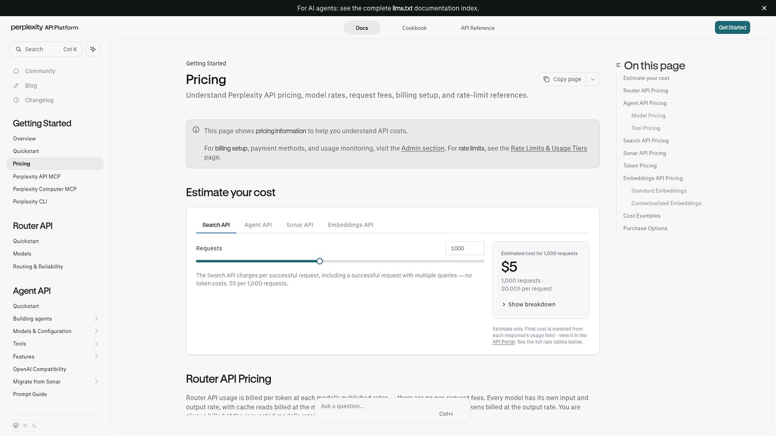 Page de tarification de l'API Perplexity montrant les prix de Search API