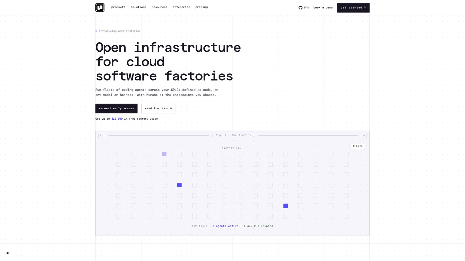 Produktseite von Warp Factories mit Factory-Konfiguration und Agentenbetrieb