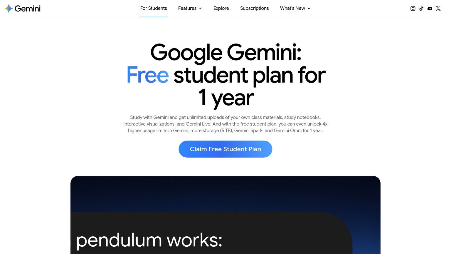 Page de l’offre étudiante Google Gemini présentant les fonctions d’étude et l’année gratuite