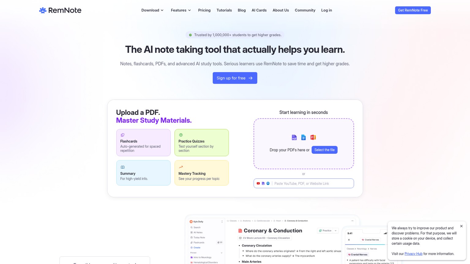 Espace de travail RemNote réunissant notes liées et flashcards à répétition espacée