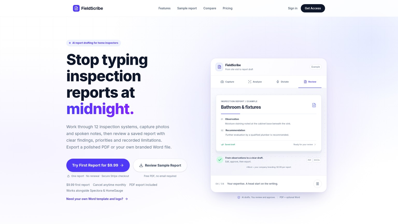 FieldScribe AI home inspection report generator page