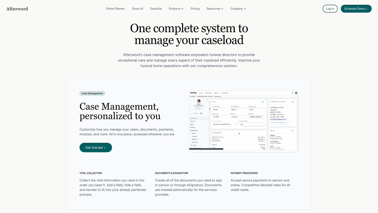 Página do Afterword Case Management mostrando o recurso AI Obituary Writer