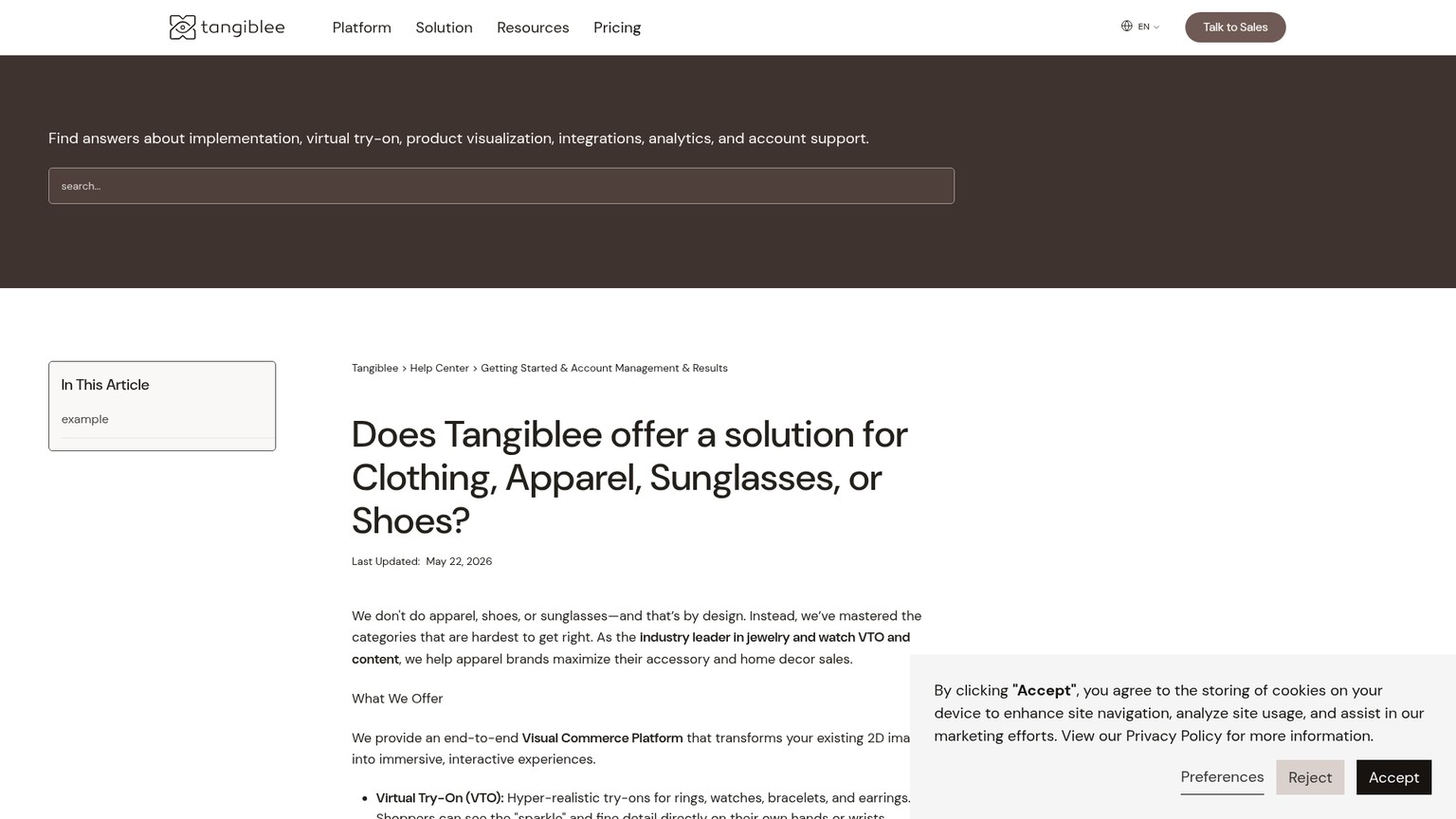 주얼리 가상 착용과 라이프스타일 콘텐츠를 설명하는 Tangiblee 도움말 페이지