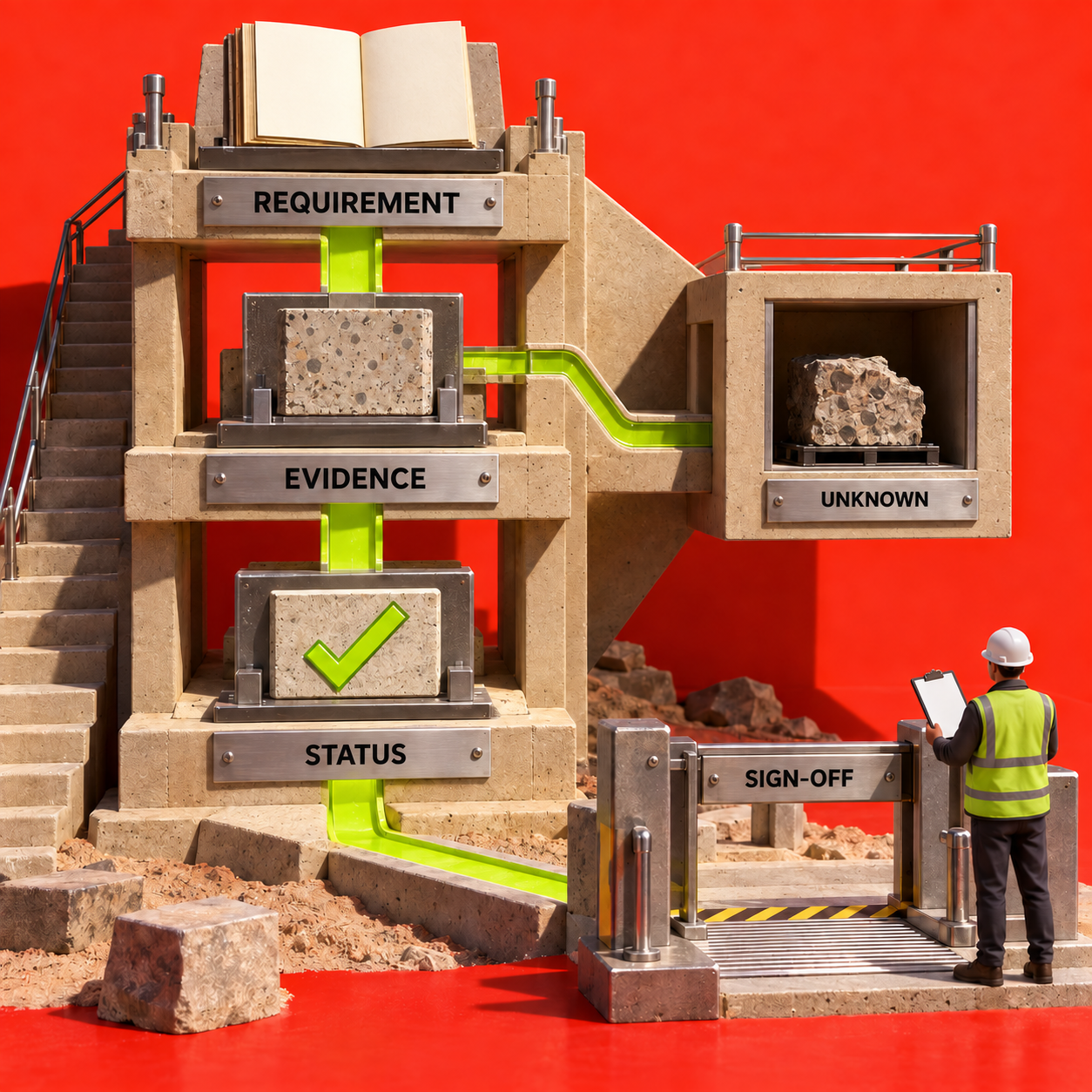 Evidence architecture linking requirement, submitted evidence, status, unknowns, and human sign-off