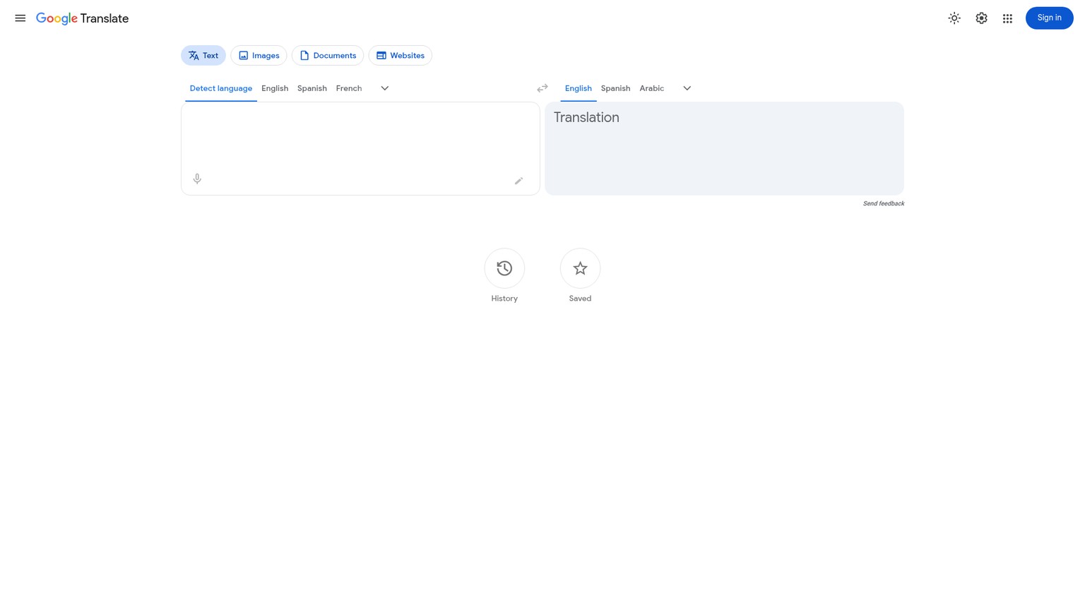 Google Translate Benutzeroberfläche zur Textübersetzung