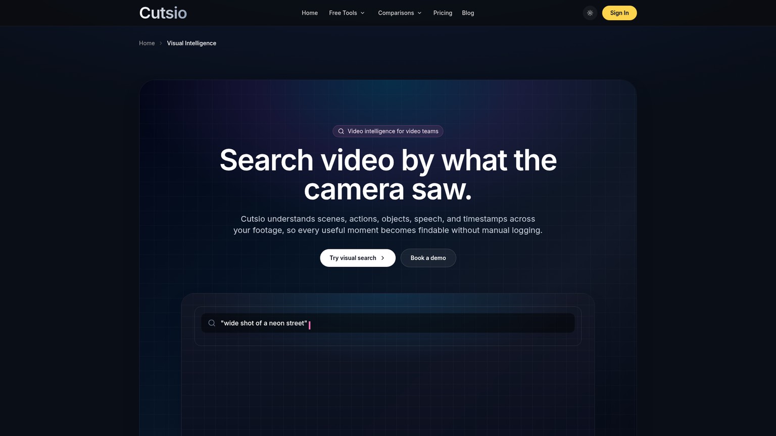 Cutsio Visual Intelligence page showing searches for people, objects, scenes, actions, and speech