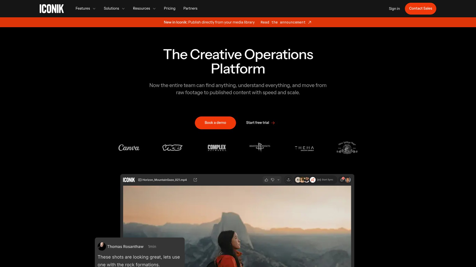 Iconik media management page showing connected storage, metadata, review, and visual search