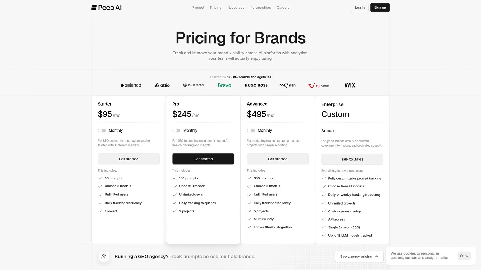 Peec AI's pricing page showing prompt counts, three-model plans and model additions.
