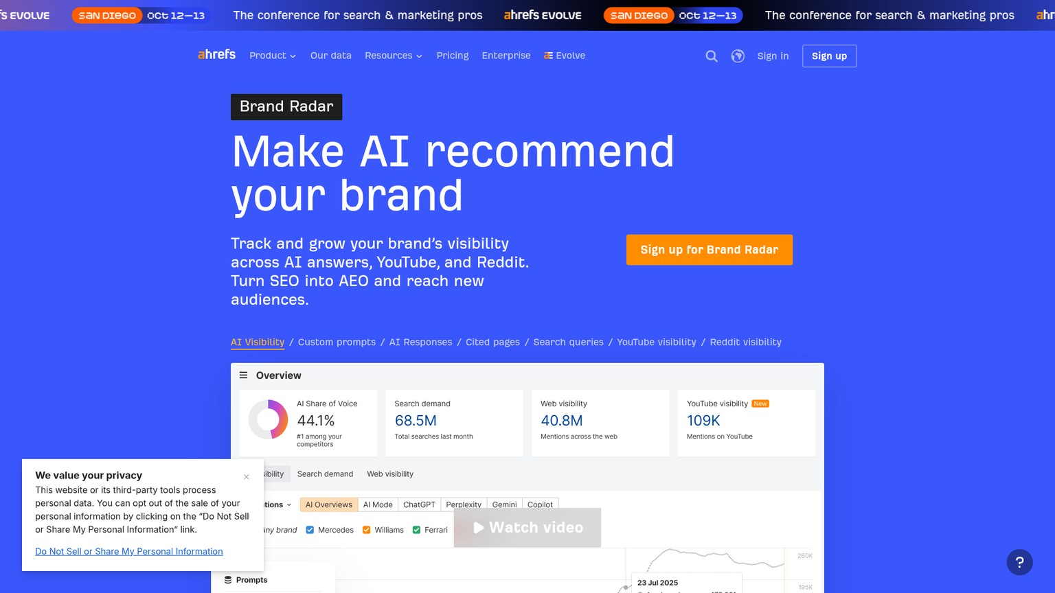 Ahrefs Brand Radar's live page distinguishing its AI visibility index from custom prompt tracking.