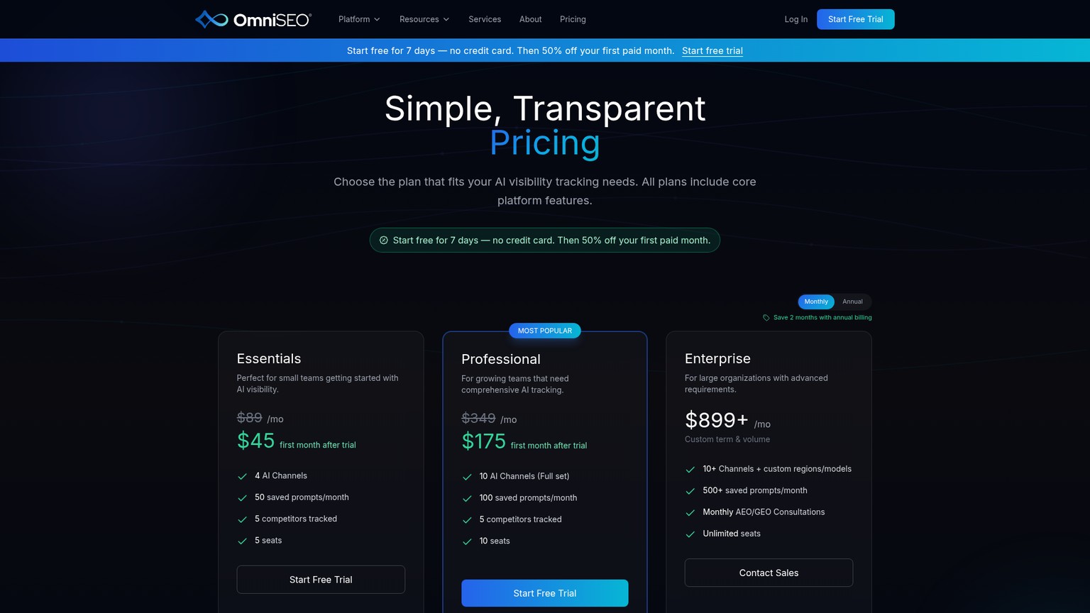 OmniSEO's pricing matrix showing Essentials and Professional engine coverage, prompt limits and seats.