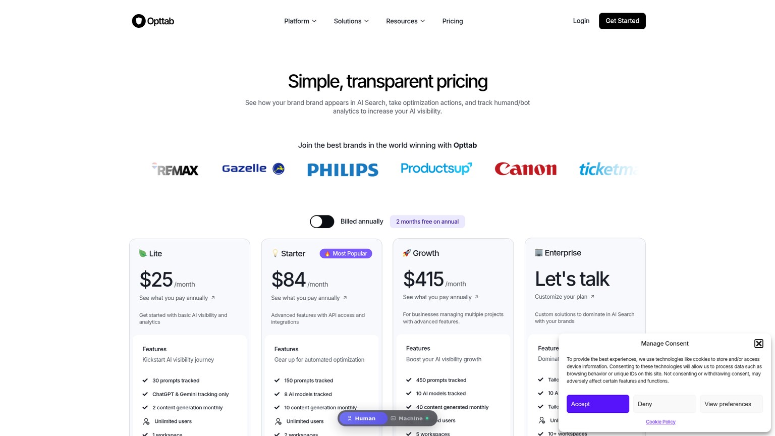 Opttab's pricing page showing prompt, model, response and workspace limits.