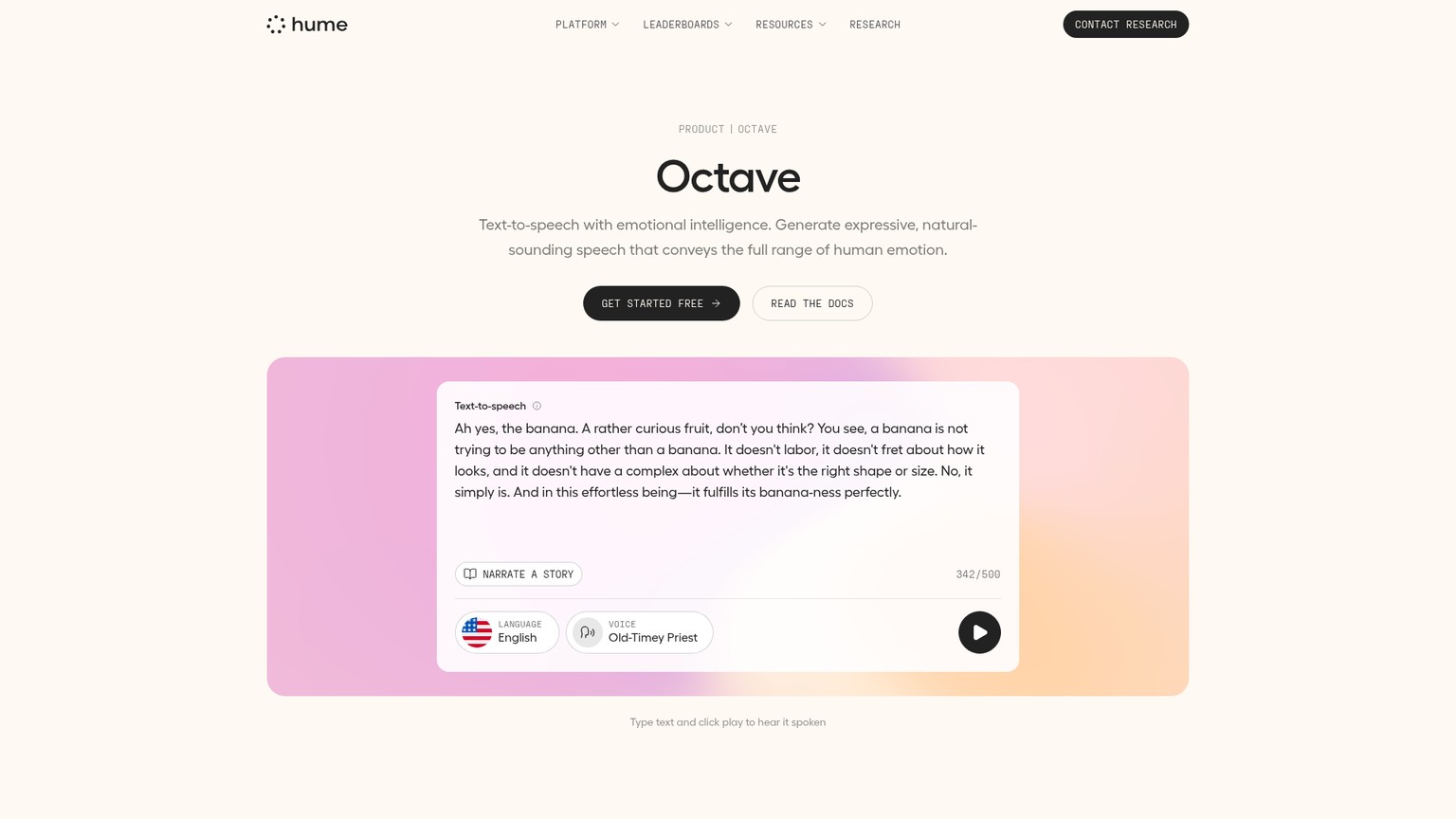 Hume AI Octave 텍스트 음성 변환 페이지