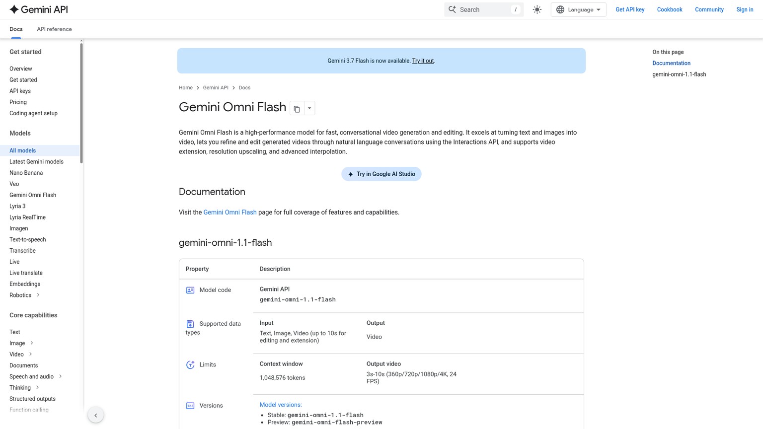 Gemini Omni 1.1 Flash model documentation