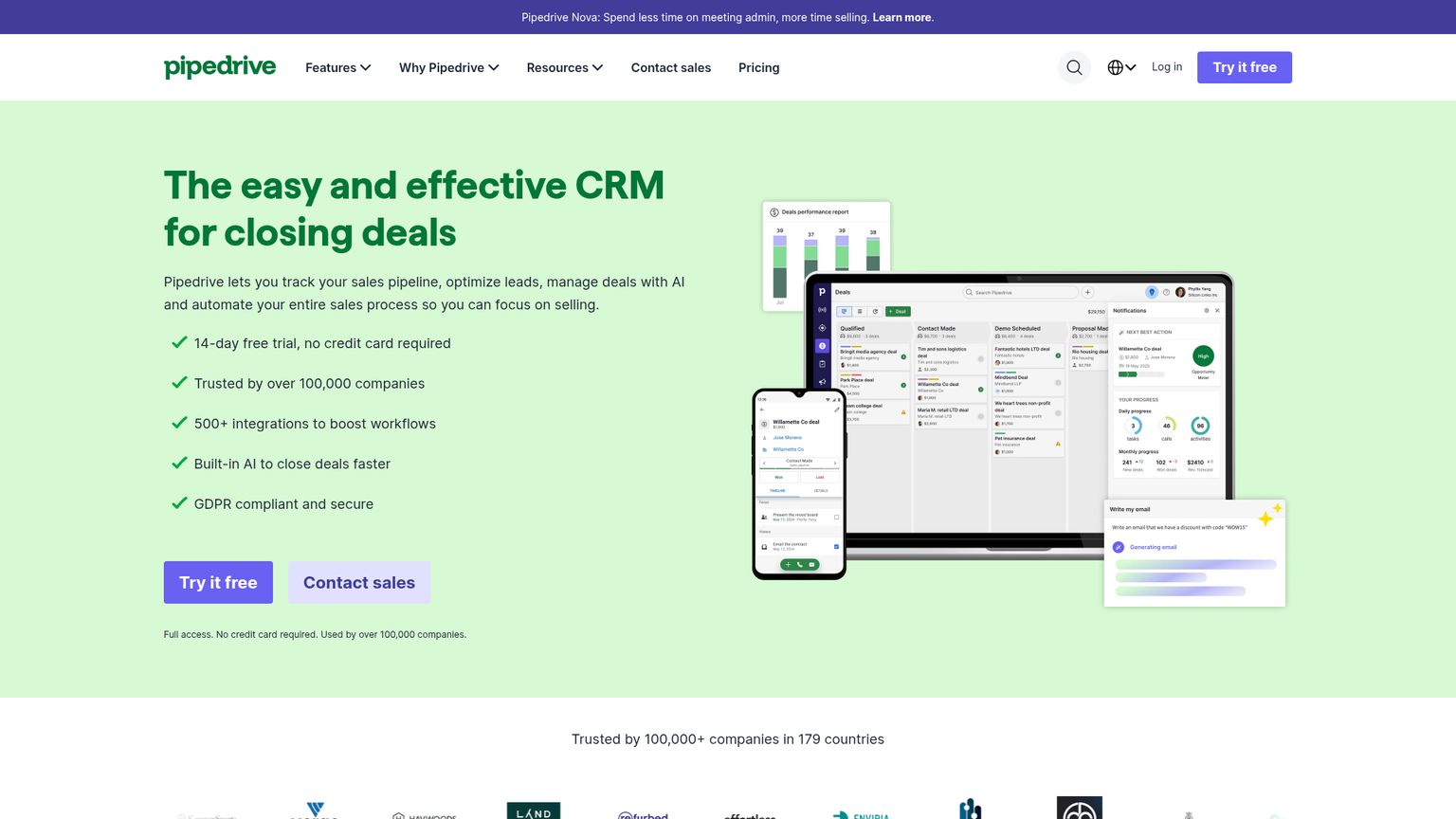 Pipedrive website showing its sales CRM and pipeline approach