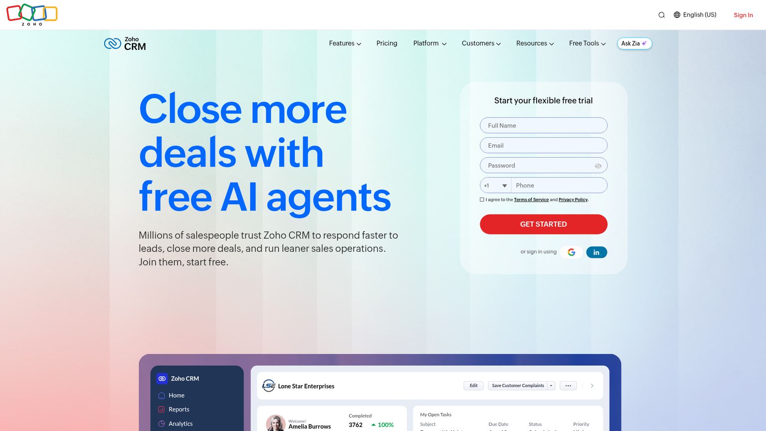 Zoho CRM website presenting its sales-management platform
