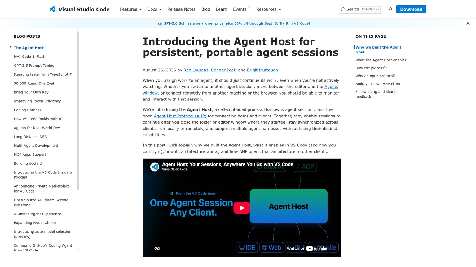 VS Code Agent Host architecture announcement showing persistent and portable agent sessions