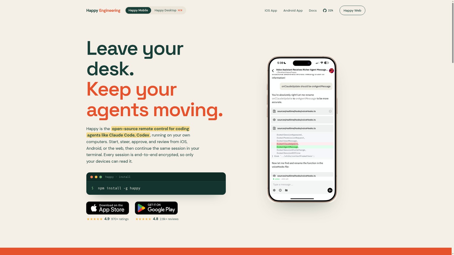 Happy homepage showing an encrypted remote-control session for coding agents across phone and computer