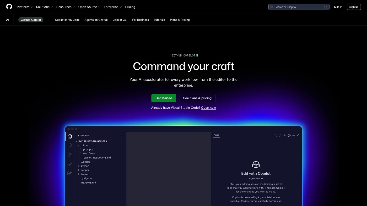 GitHub Copilot 功能与套餐页面