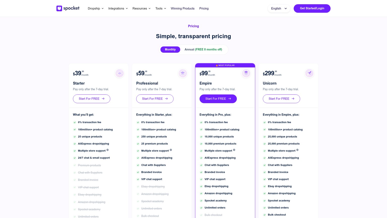 Spocket pricing page showing supplier marketplace plans