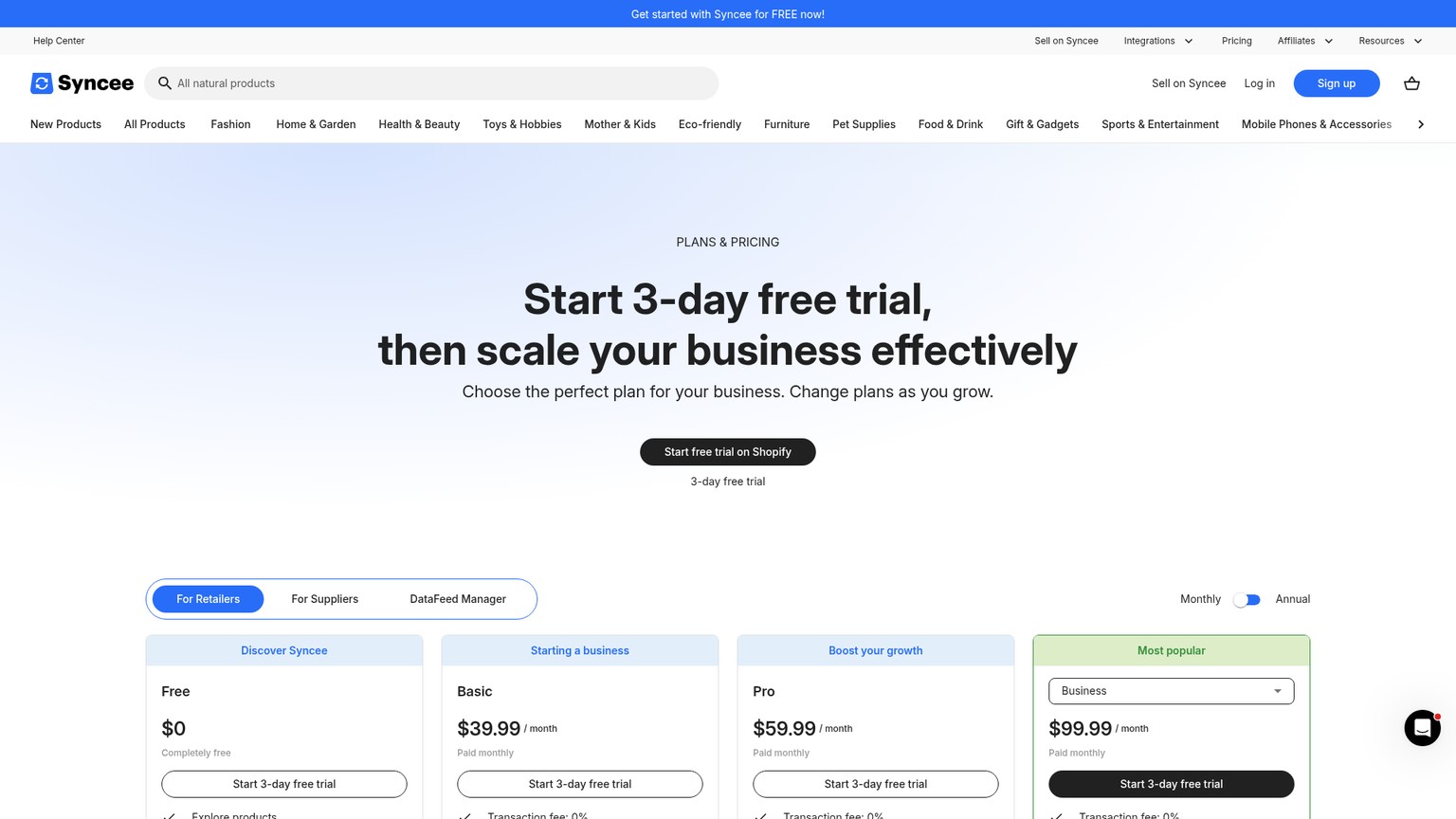 Syncee pricing page showing supplier marketplace product limits