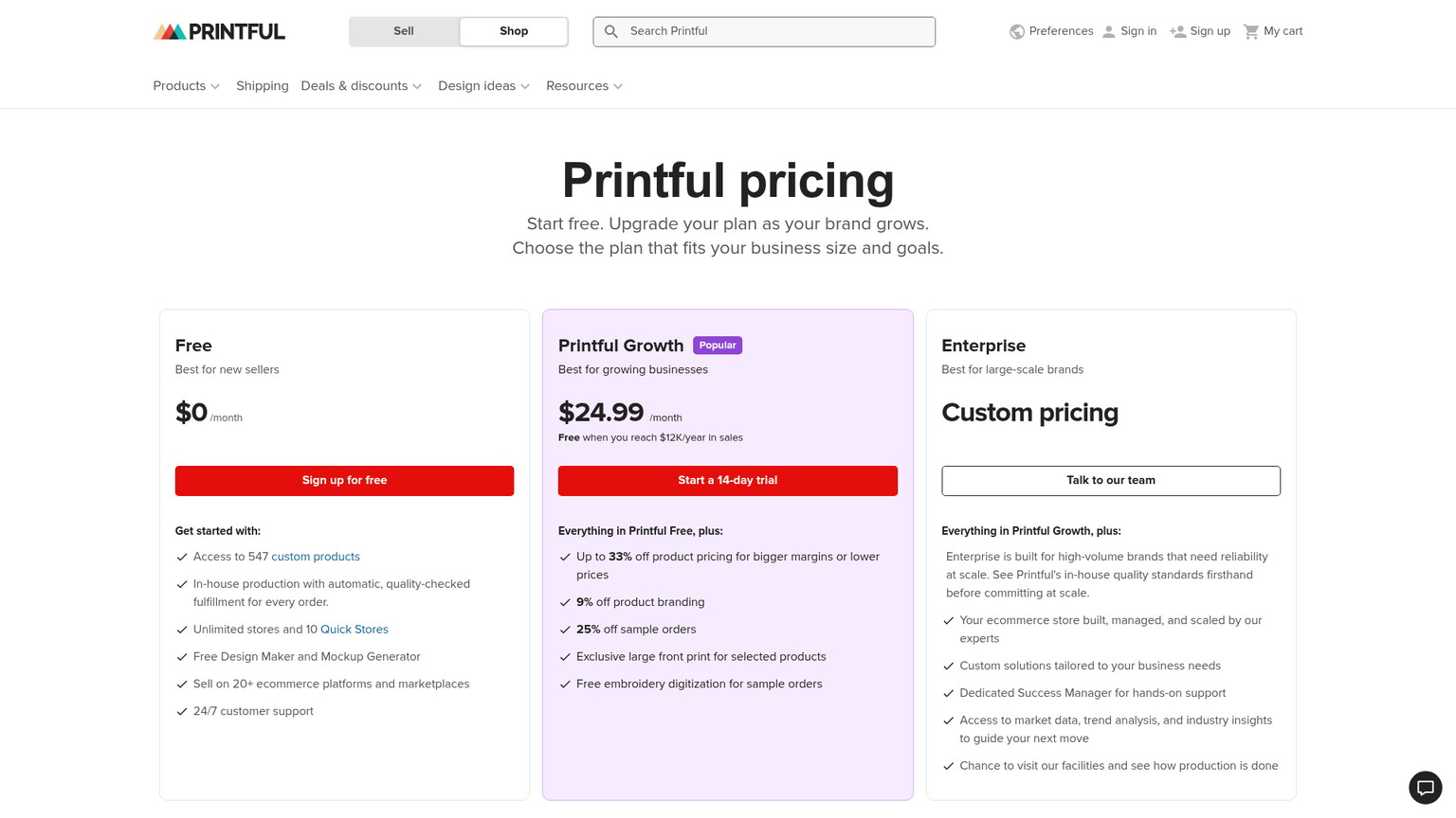 Printful pricing page showing free and Growth print-on-demand plans