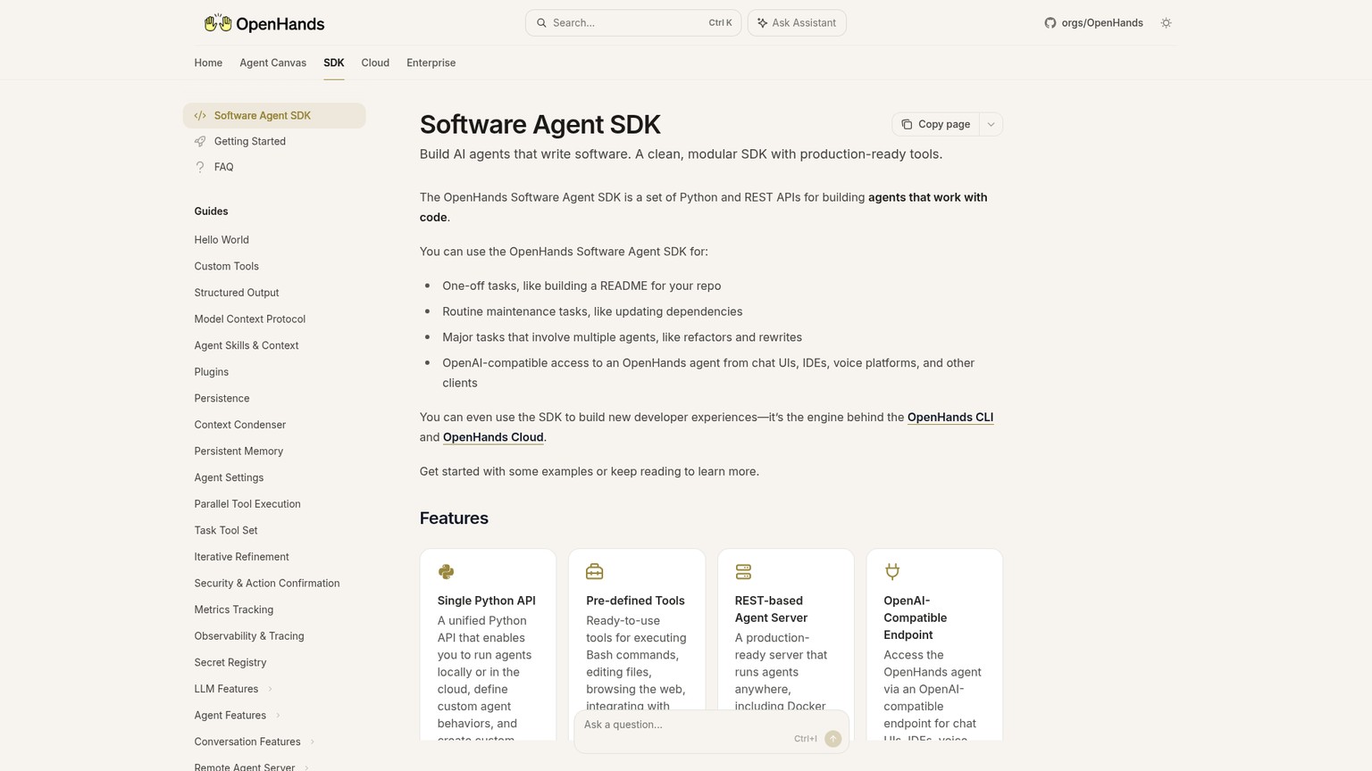 Dokumentation des OpenHands Software Agent SDK mit Details zu Python, REST, Tools und Remote-Agent-Servern