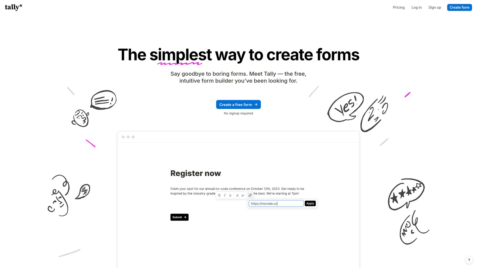Tally form builder homepage and editor