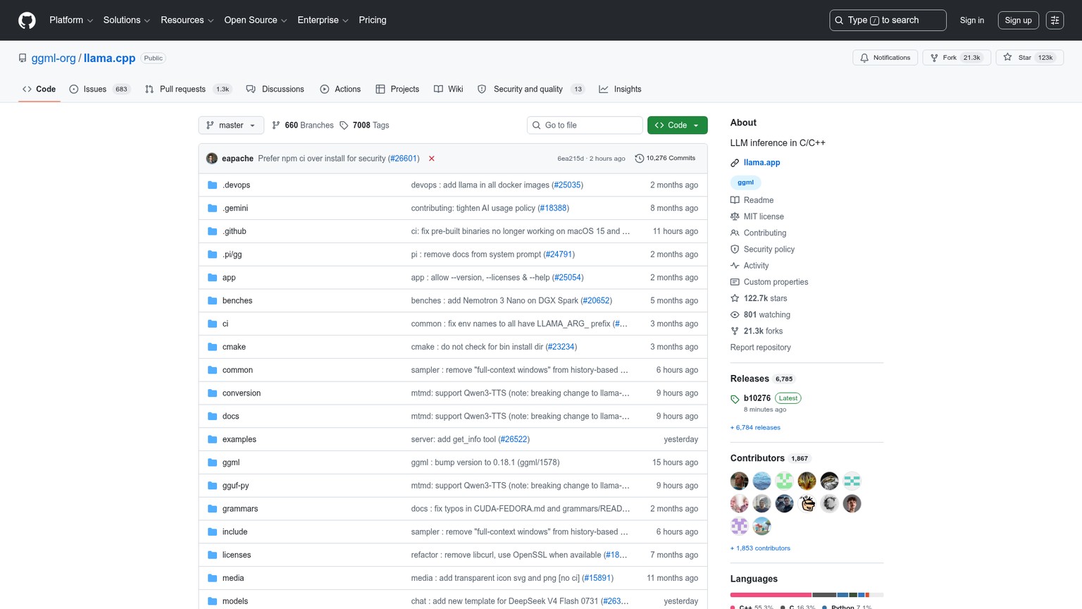 Официальный репозиторий llama.cpp на GitHub со списком аппаратных бэкендов