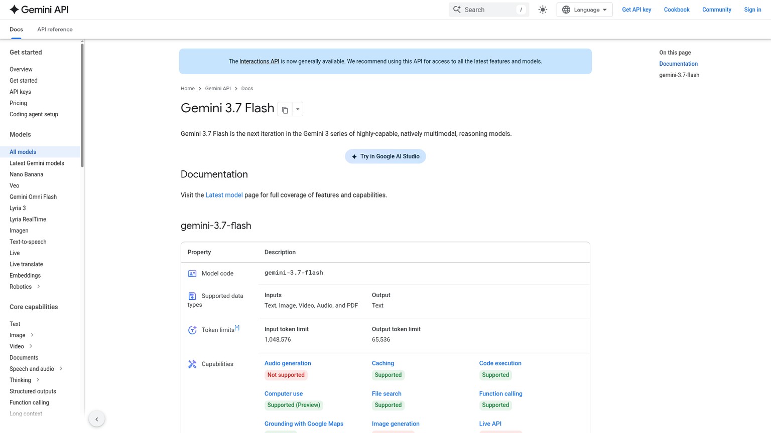 Page des capacités et limites du modèle Google Gemini 3.7 Flash