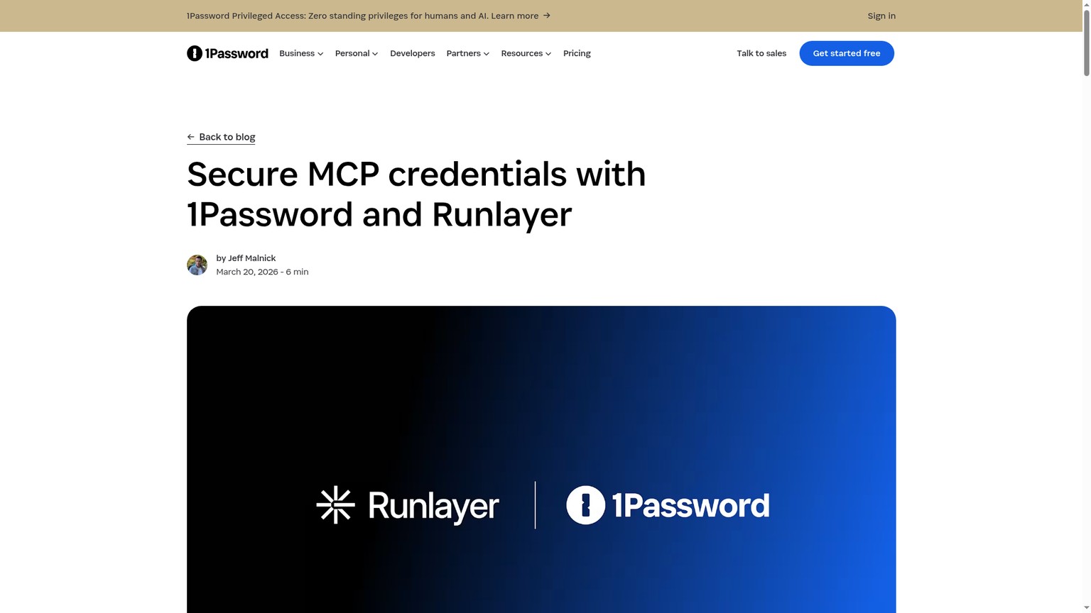 صفحة تكامل 1Password وRunlayer التي تشرح حل بيانات اعتماد MCP وقت التشغيل