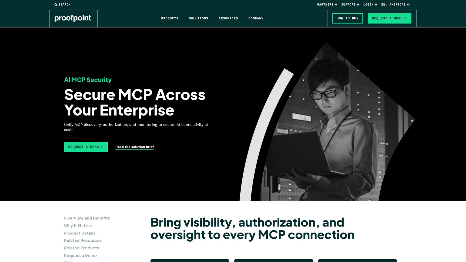 صفحة Proofpoint AI MCP Security للاكتشاف والسياسات والتحليل الجنائي في المؤسسات