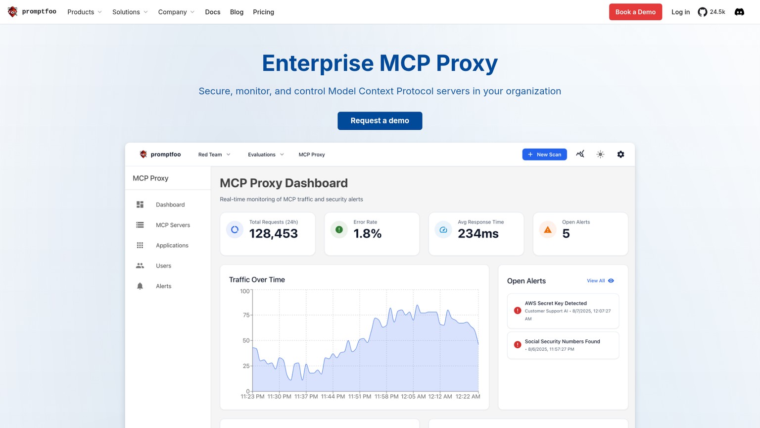 صفحة Promptfoo MCP Proxy التي تعرض قوائم السماح والتحكم في الوصول والمراقبة والسياسة