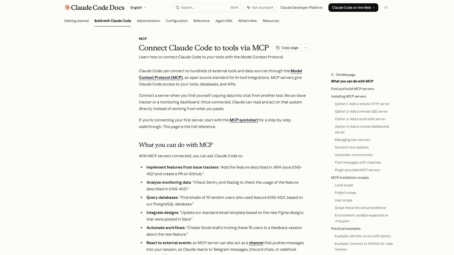 Página de documentación de MCP en Claude Code