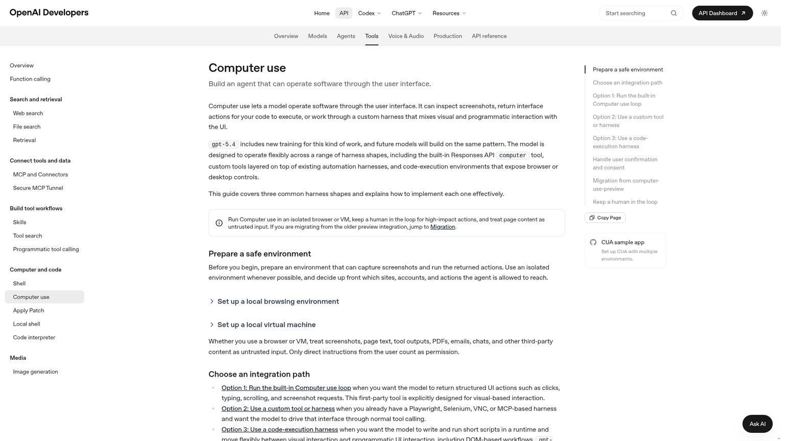 Documentazione OpenAI sul computer use con GPT-5.6