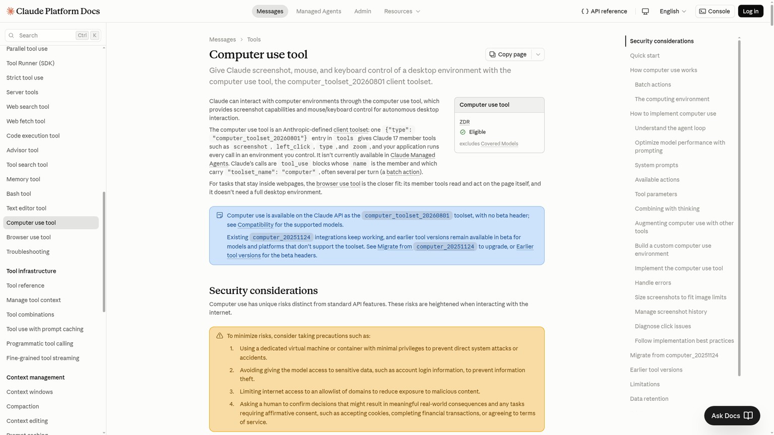 Documentazione Claude Platform sull'attuale toolset di computer use
