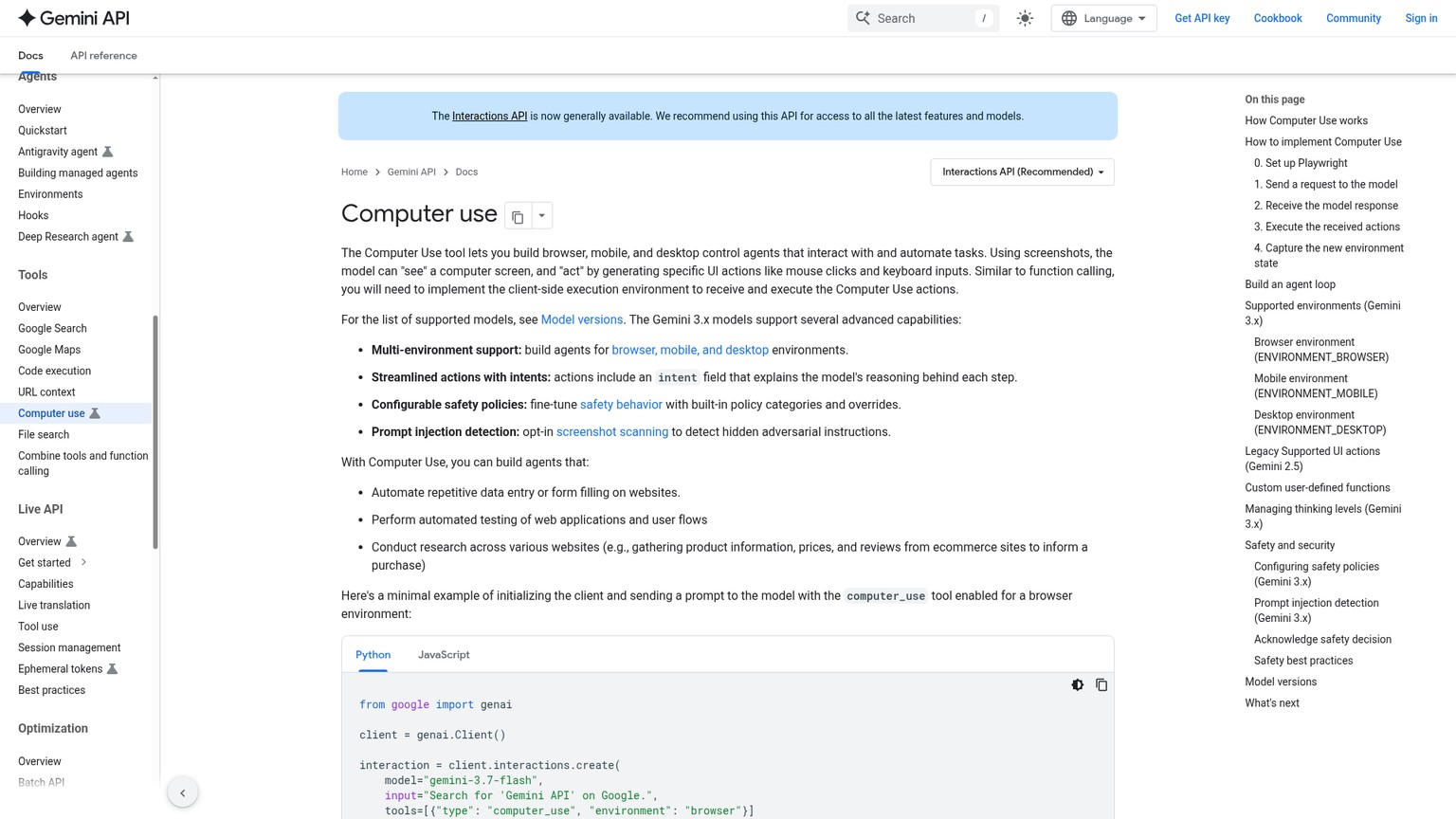 Documentazione della Google Gemini API sul computer use per browser, dispositivi mobili e desktop