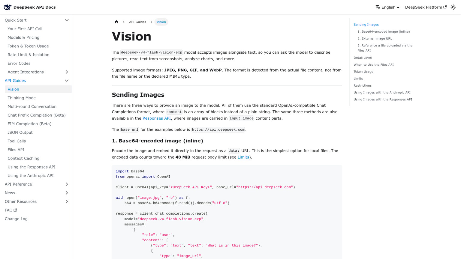 Documentazione API di DeepSeek V4 Flash Vision Exp con input immagine e limiti