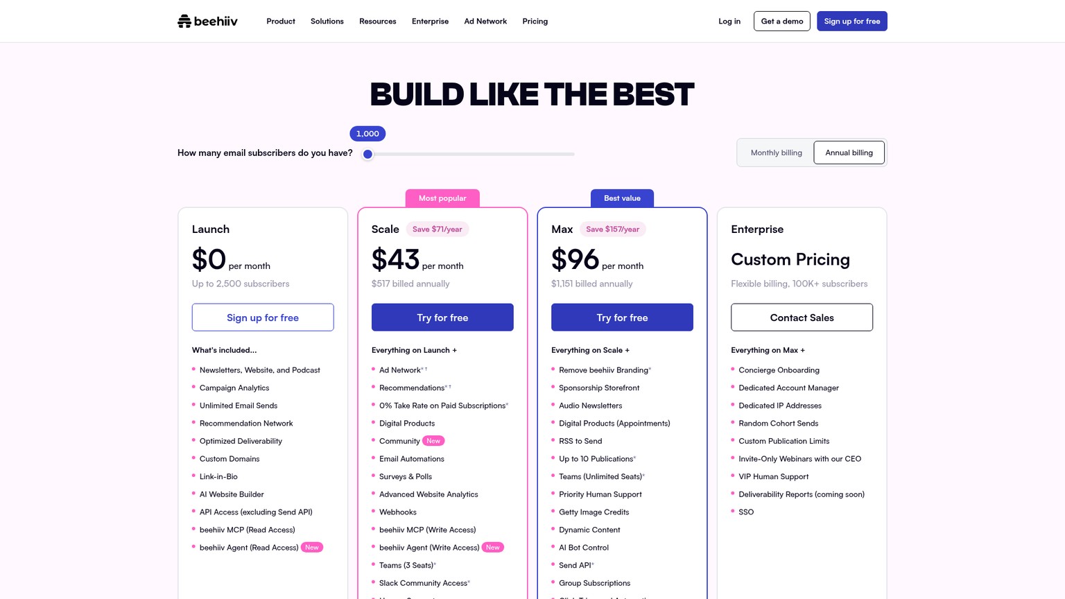 Launch、Scale、Maxと読者数セレクターを表示したbeehiivの公開料金ページ