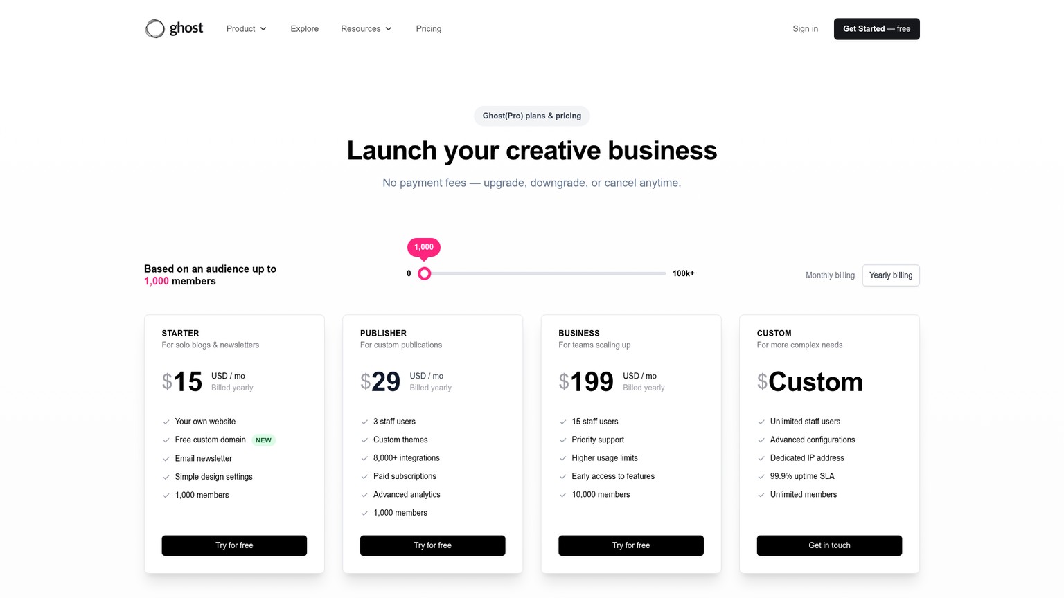 Starter、Publisher、Business、Customと会員数セレクターを表示したGhost(Pro)の公開料金ページ
