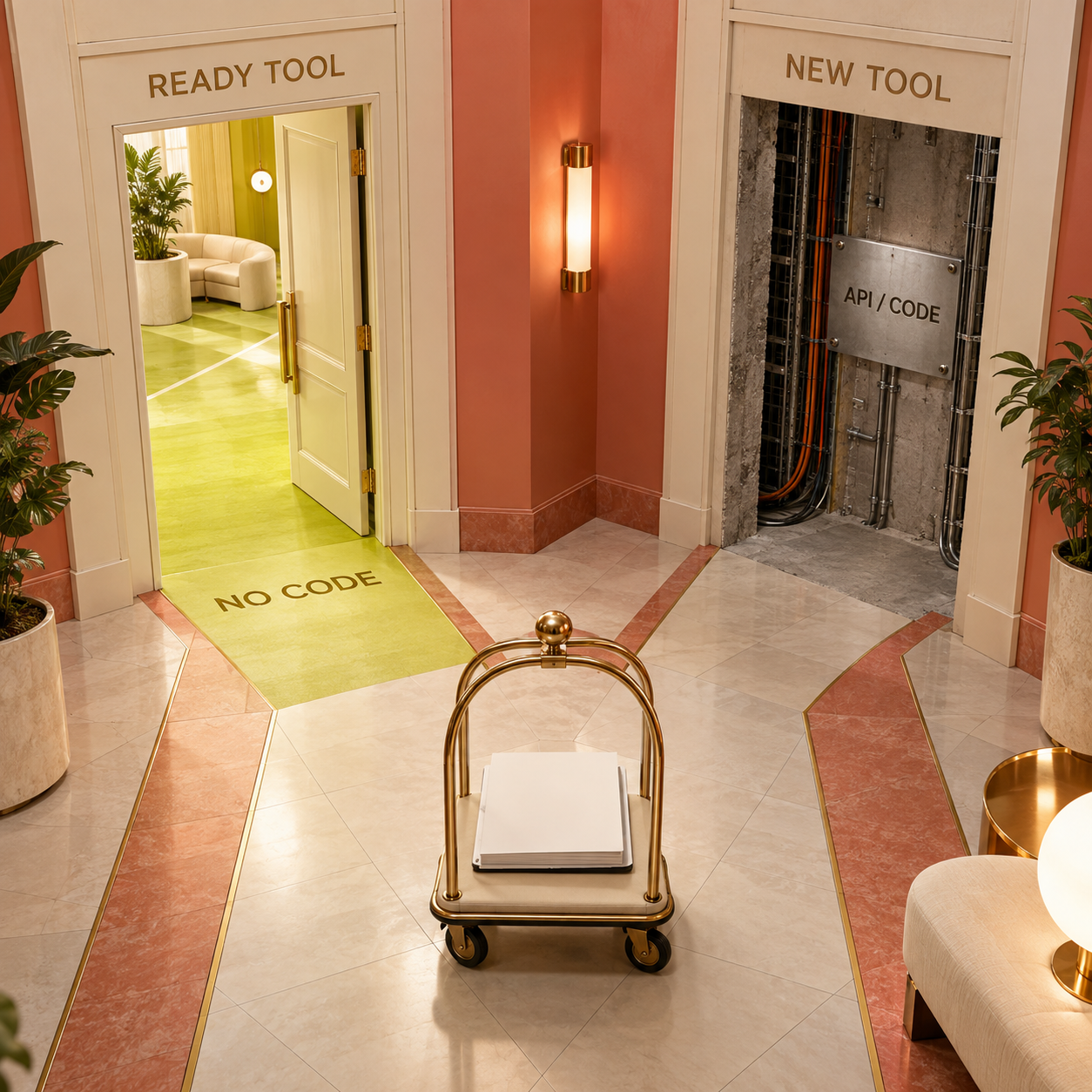 Two physical corridors show a ready tool leading to no code and a new tool leading to API or code work