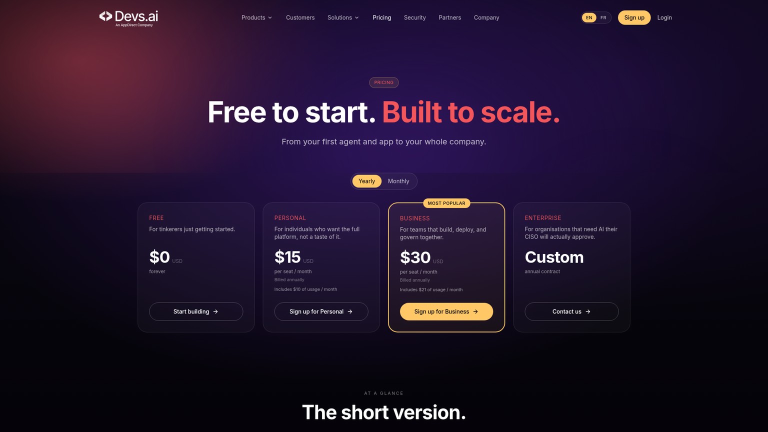 Devs.ai public pricing with Agent Builder, seat prices and included usage