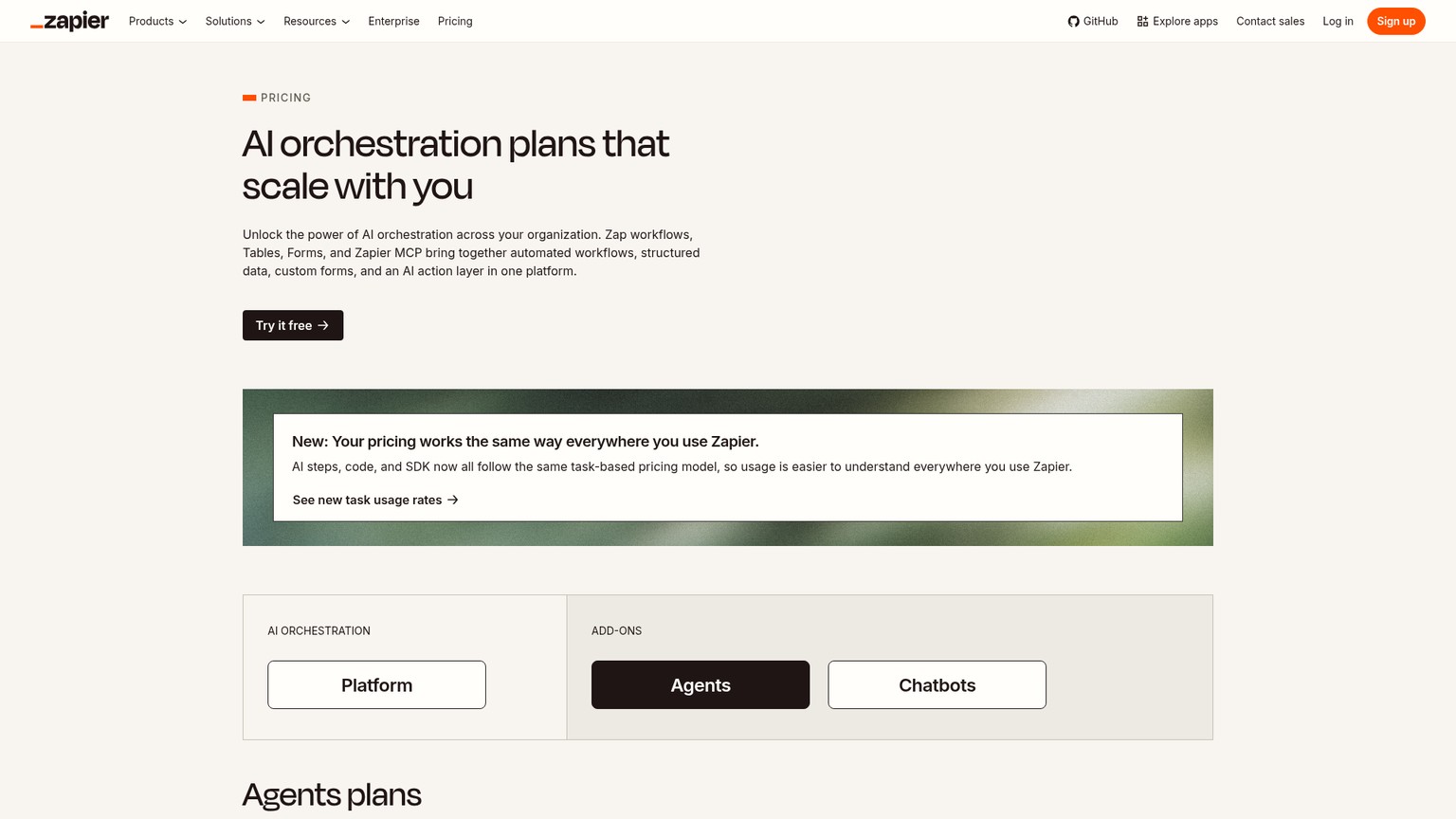 Zapier pricing with its Agents activity plans and platform subscription options