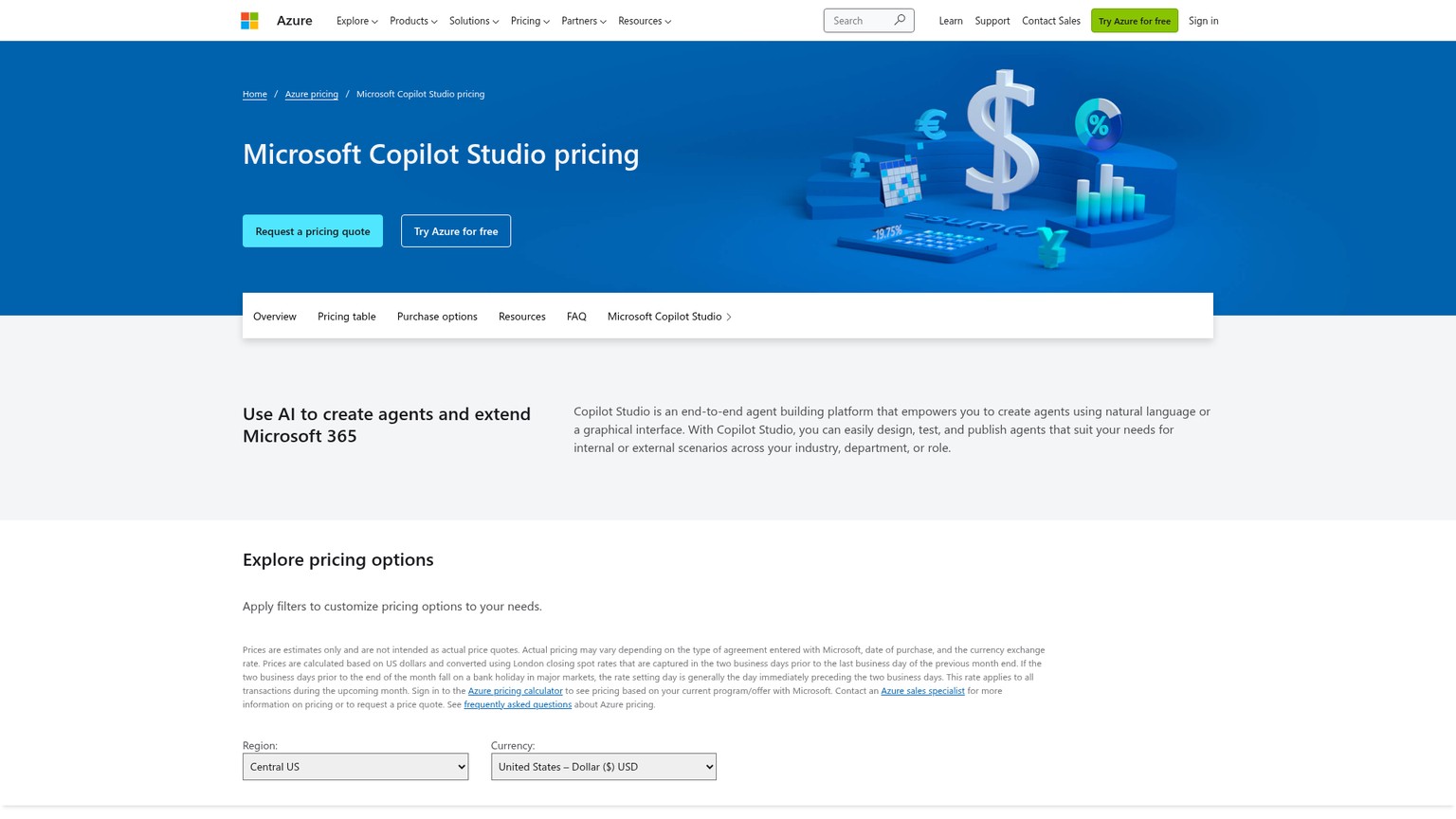 Microsoft Azure's Copilot Studio pricing showing the pay-as-you-go credit rate